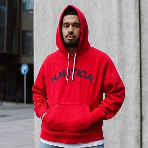 Nautica Hoodie Mens Red Spell Out Designer Logo Size 2XL - Picture 1 of 6